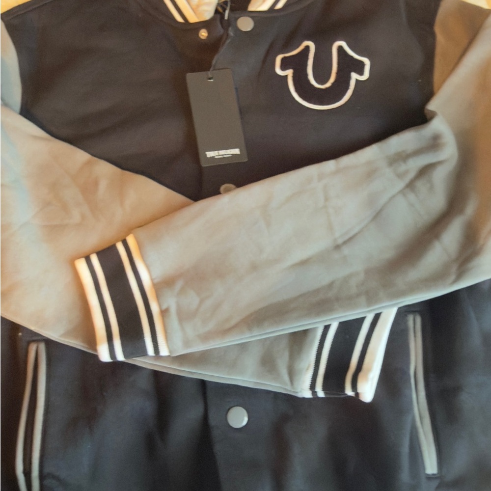 True Religion Black and Gray Varsity Jacket